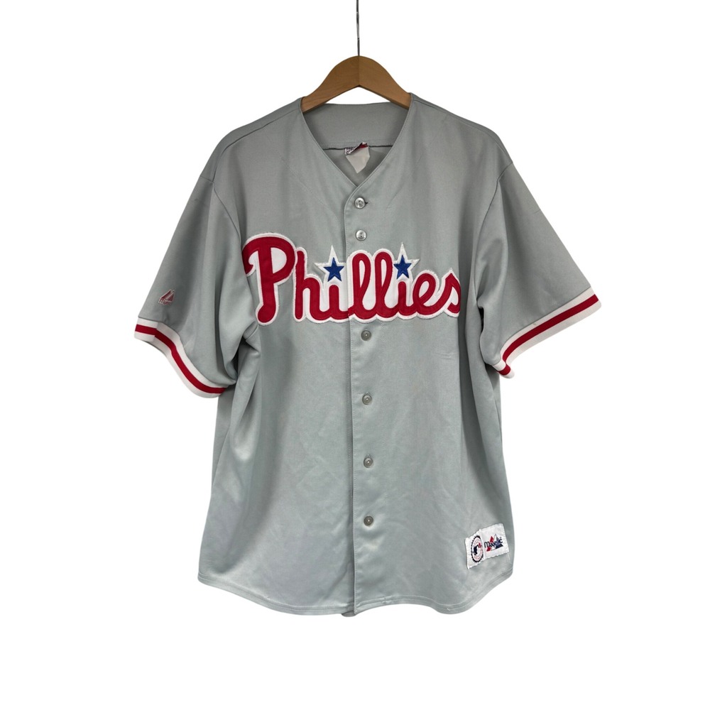 VTG Majestic Philadelphia Phillies Baseball Jersey Mens Grey Button Up MLB L/XL?